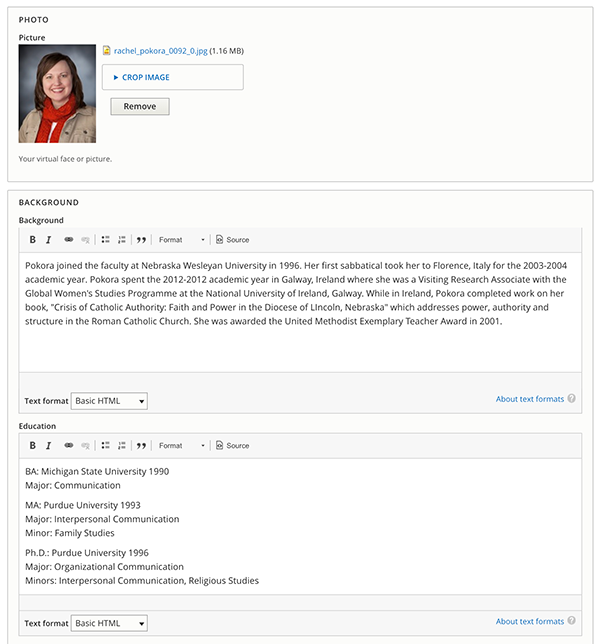 Employee profile of photo and background information fields