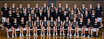 2019 mens basketball team lined up in two rows on a court