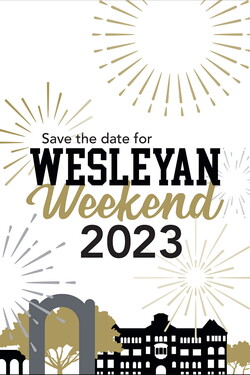 Illustration of Old Main, the arch and fireworks with the words, Save the date for Wesleyan Weekend 2023.