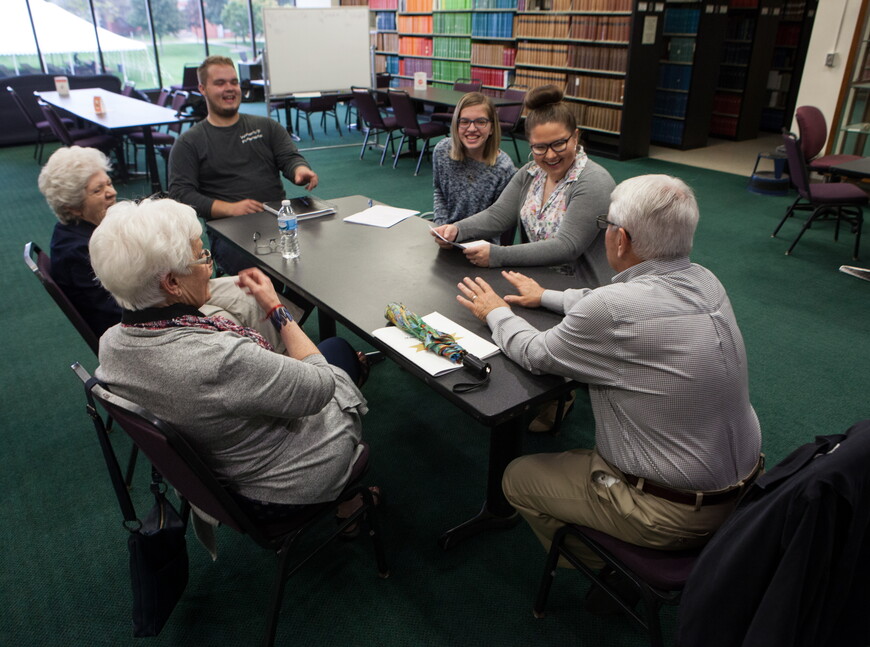 First-year students enrolled in Kelly Clancy's Archway Seminar, "Revolution 1968," visit with members of the NWU Class of 1968 and their memories of that turbulent year.