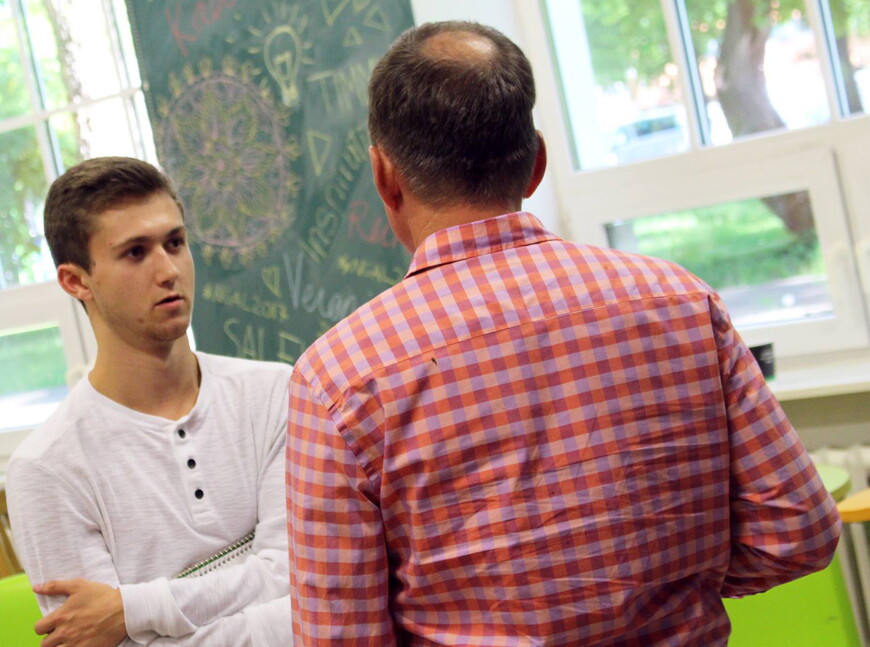 Senior Ryan Pace listens to feedback from entrepreneurship experts during his two-week visit to the University of Tartu in Estonia. NGAL students spend two weeks in Estonia at the University of Tartu's Idea Lab then they will travel to the College of Cha