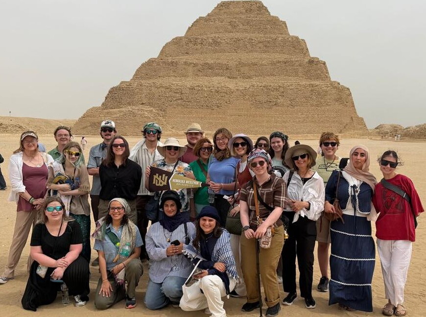 NWU students in front of a pyramid in Egypt.