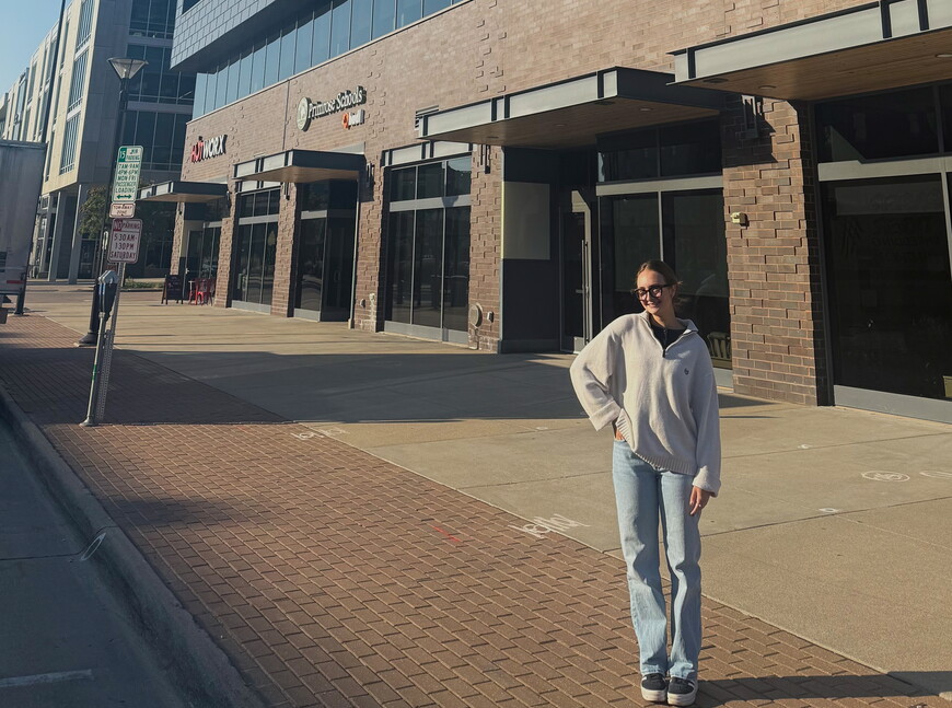 Ella Mahaffy in front of Hudl headquarters.