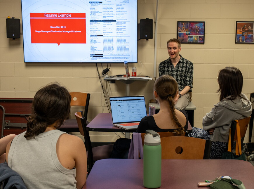 NWU alumnus Eoghan Hartley talks about his experience as a stage manager at Radio City Music Hall. Among the students listening is Samantha Wellenbring, who is stage managing Pinewood Bowl's production of Annie this summer.