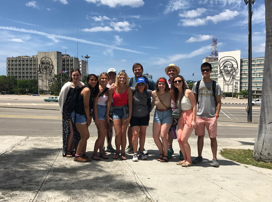 Students visit the iconic Revolution Square in Havana, Cuba.