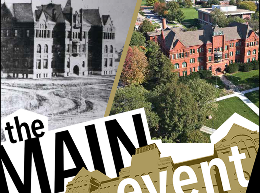 Side-by-side images of Old Main in b/w and color - The Main Event