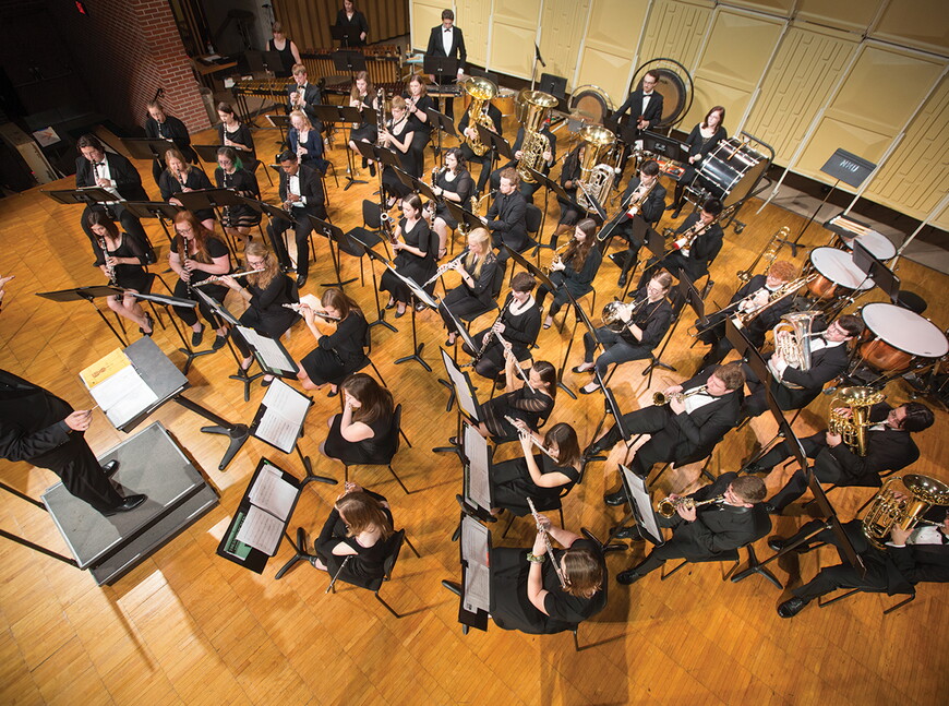 Overhead view of an orchestra on stage