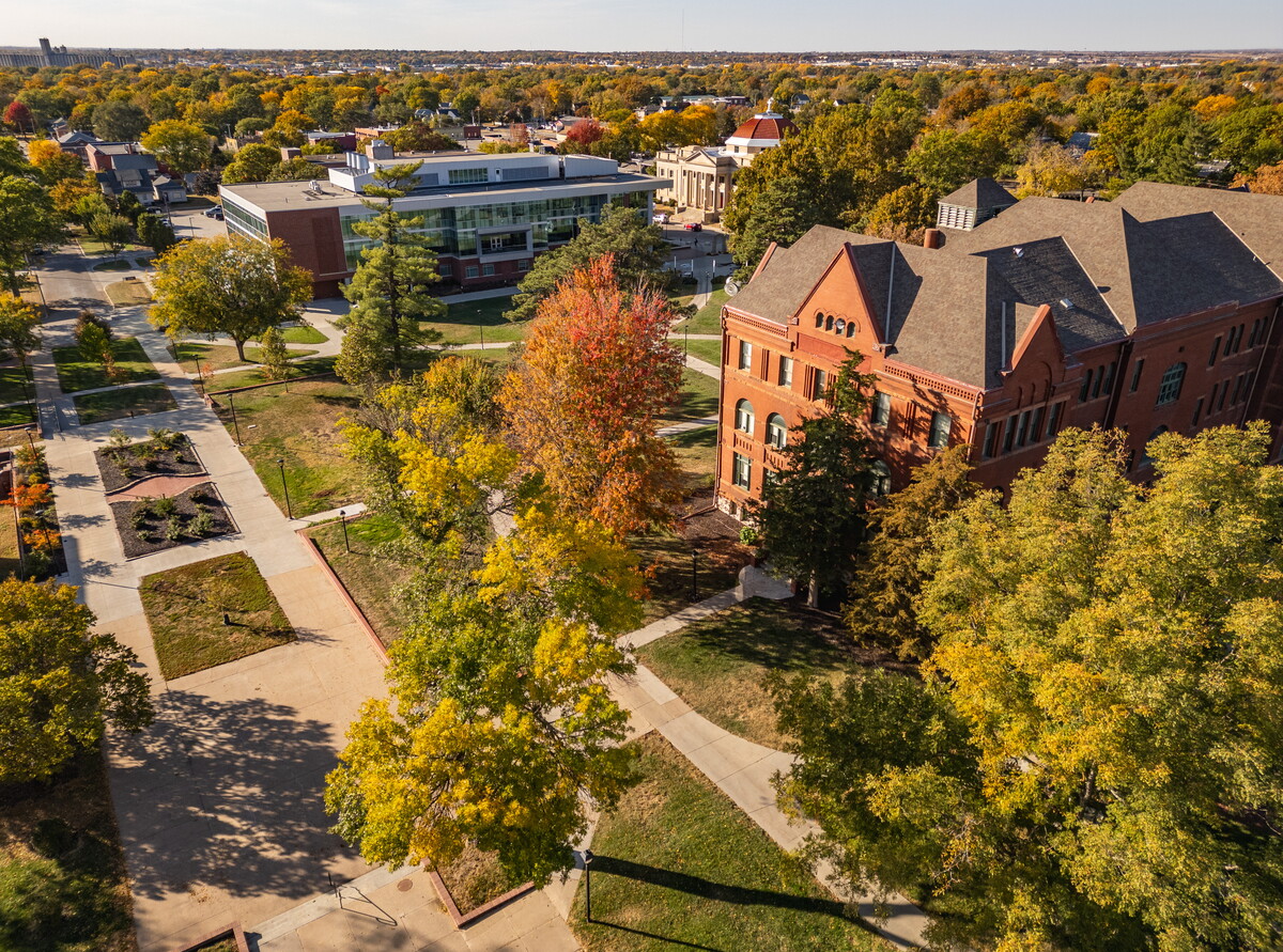 Old Main and Acklie Hall of Science in the fall.