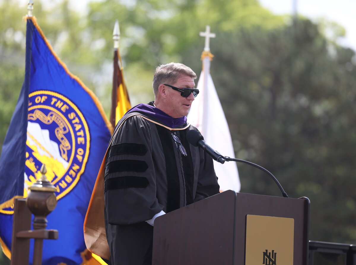 Jason Licht speaks at NWU's 2026 commencement ceremony.