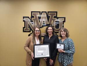 NWU Honors Academy Staff receives reaccreditation award. L to R: Andrea Howell - staff assistant, Heather Aruba - WHA director and Krista Cox - assistant director. 