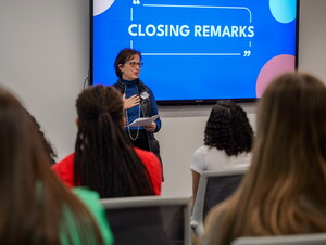 Give to Learn class instructor Lori Seibel speaks during the class's grant ceremony.