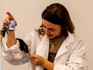 A student rewards her rat during the 2025 Xtreme Rat Challenge.