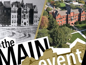 Side-by-side images of Old Main in b/w and color - The Main Event