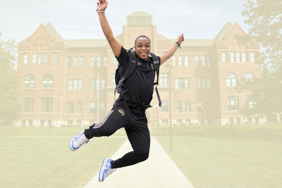 Graphic image with a young man jumping mid air with a screened image of the NWU Old Main building in the background.