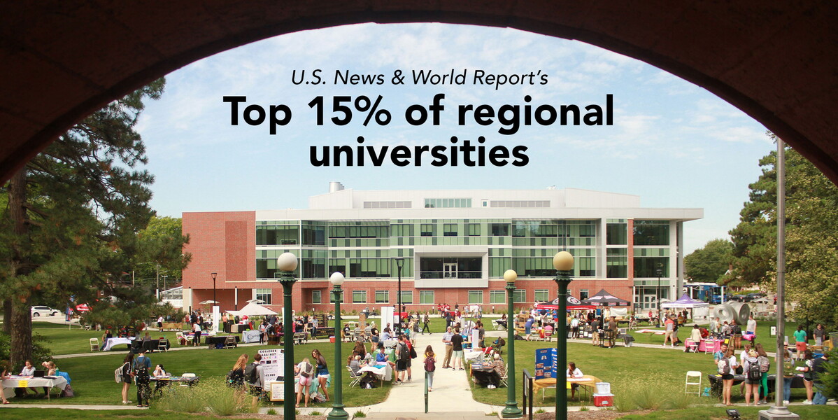 U.S. News & World Report's Top 15% of regional universities text over a view of Abel commons