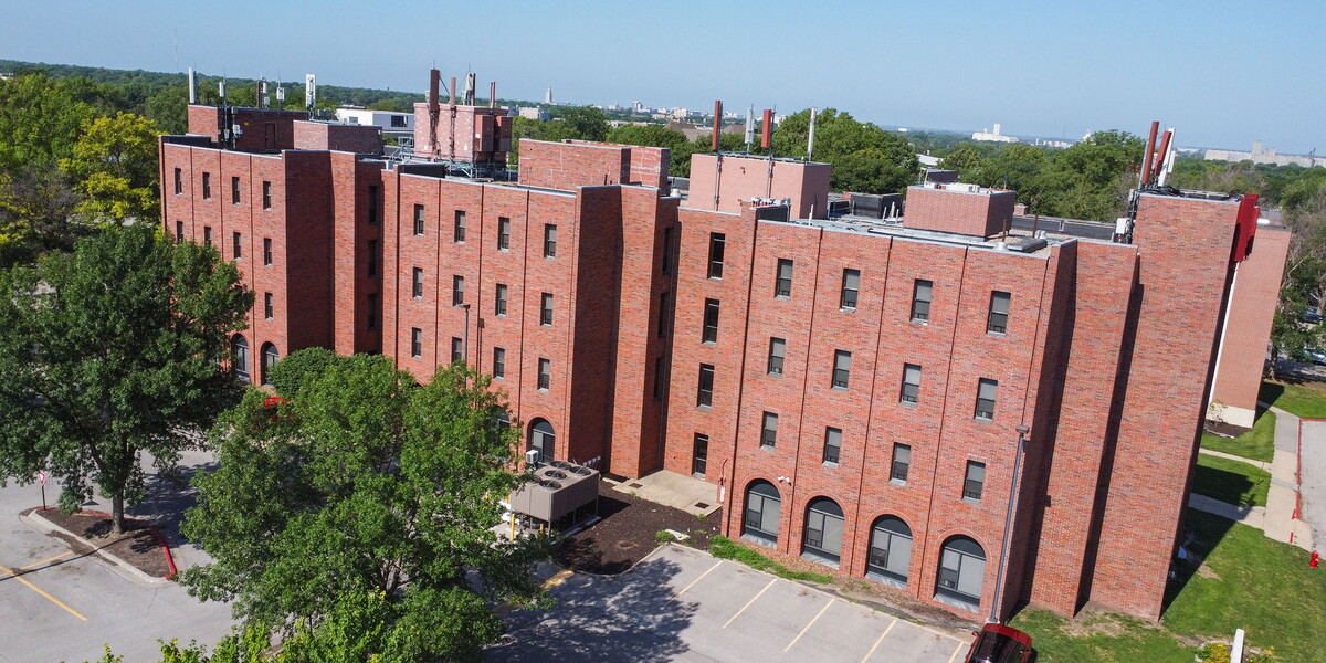 Aerial view of Centennial Hall from the west side of the wide building