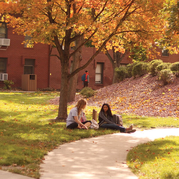 On a beautiful fall day, two young women sit under a tree.