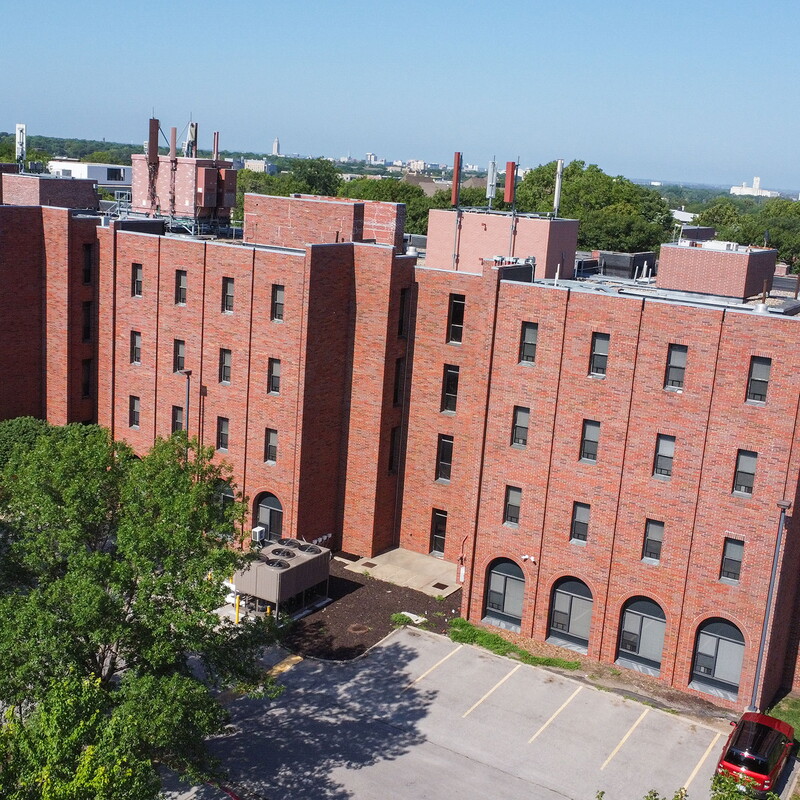 Aerial view of Centennial Hall from the west side of the wide building