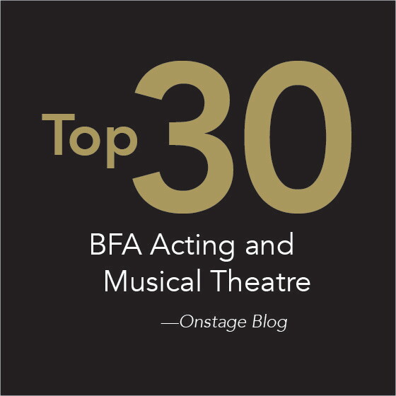 Text in graphic says: Top 30 BFA Acting and Musical Theatre —Onstage Blog