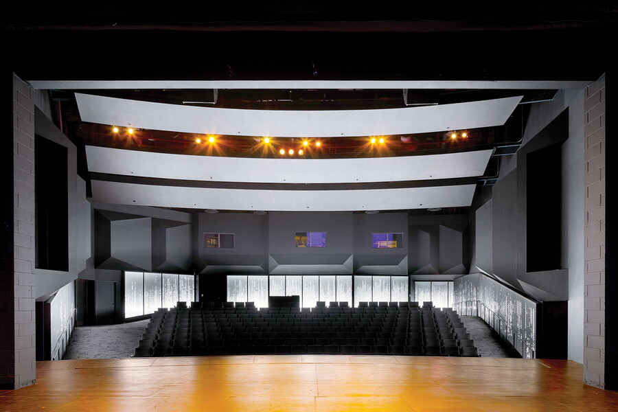 View from the stage of McDonald Theatre looking out over newly renovated audience seating.