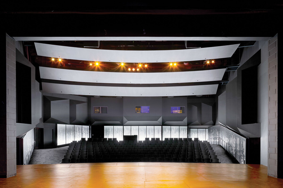 View from the stage of McDonald Theatre looking out over newly renovated audience seating.