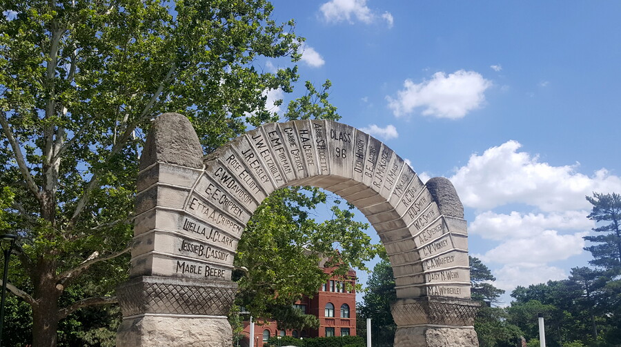 Old Main in the background of Nebraska Wesleyan's historic arch.
