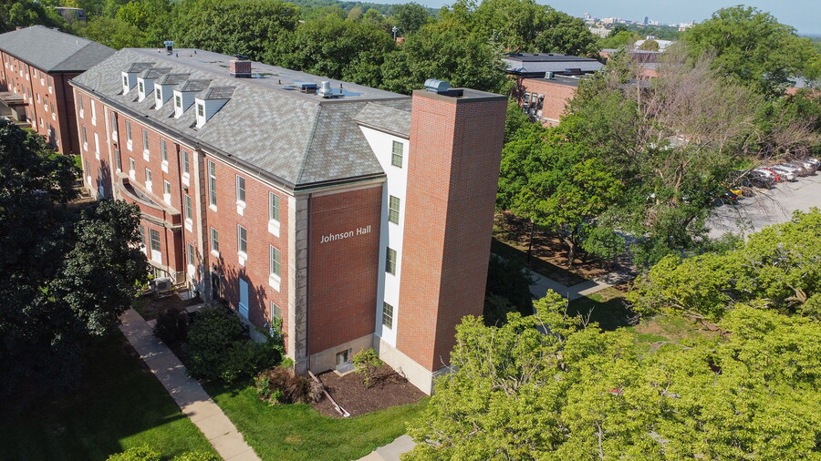 Aerial view of the exterior of Johnson Hall from the north side.