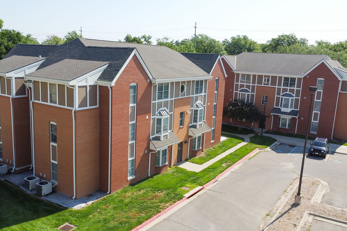 View of Townhouse Village from the south-side parking lot.