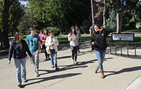 A student ambassador gives a campus tour.