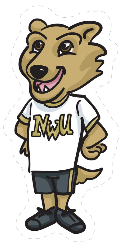Illustration of a wolf wearing a t-shirt that says, NWU with a dotted outline.