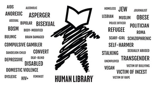 Graphic of a human with a book for a head with these words around it: aids, alcoholic, anorexic, asperger, asexual, bipolar, bisexual, BDSM, body-modified, bulimic, brain damaged, compulsive gambler, dandelion child, convert, depressive, deaf-blind, disabled, domestic violence, dyslexic, feminist, HIV+, homeless, Jew, journalist, lesbian, muslim, obese, police officer, politician, refugee, roma, scarf girl, schizophrenic, self harmer, sexually abused, stalking, transgender, unemployed, vegan, victim 