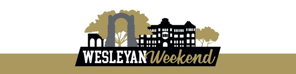 Illustration of structures on campus with the text that reads, Wesleyan Weekend.