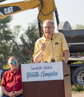 NWU president Darrin Good gives a speech at sports complex ground breaking ceremony.
