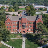 Aerial view of the Old Main building and surrounding area.