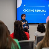 Give to Learn class instructor Lori Seibel speaks during the class's grant ceremony.
