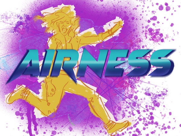 Illustration of a rocker playing air guitar while leaping with the words AIRNESS across the body.
