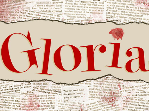 Gloria in red text over newspaper clippings
