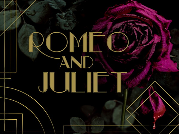The words "Romeo and Juliet" in gold Romanesque font with an illustration of rose behind the text.