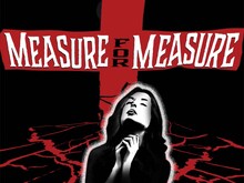 Illustration of a red cross and a woman praying with the text, "Measure for Measure".