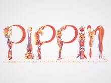 Jester-like characters contort to spell the word "Pippin".