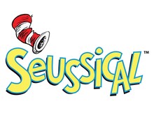 Illustration of a tall top hat with red and white stripes and the text, "Seussical".
